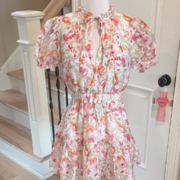 Meet Me in Santorini Ruth Dress Floral Cinched Waist Mini New - Picture 1 of 6